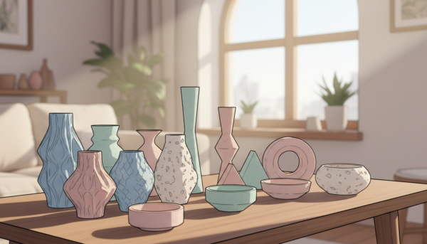 Decorative objects made of molded powder artfully arranged on a modern wooden table. In the foreground, a collection of intricately designed vases and sculptures in soft pastel shades, displaying unique textures. In the middle ground, elegant candle holders and decorative bowls each showcasing geometric shapes and a matte finish. The background features a softly blurred interior space with gentle natural light streaming through a large window, creating a serene atmosphere. The camera angle is slightly elevated, capturing an inviting view of the decor. A warm and inviting ambiance enhances the cozy feel of this stylish living environment, perfect for showcasing molded powder decor ideas.