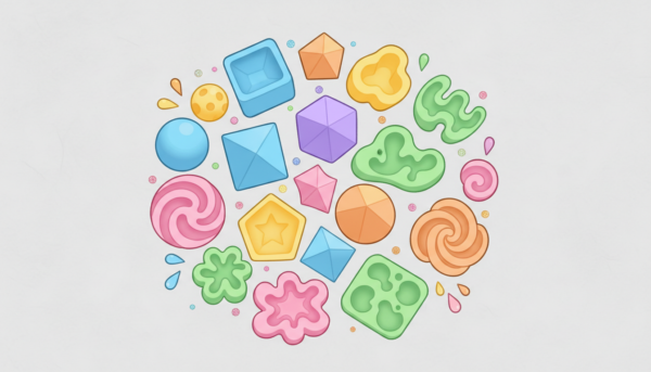 Divers moules en silicone colorés et flexibles pour le moulage créatif, formes géométriques et organiques, vue de dessus sur fond neutre.