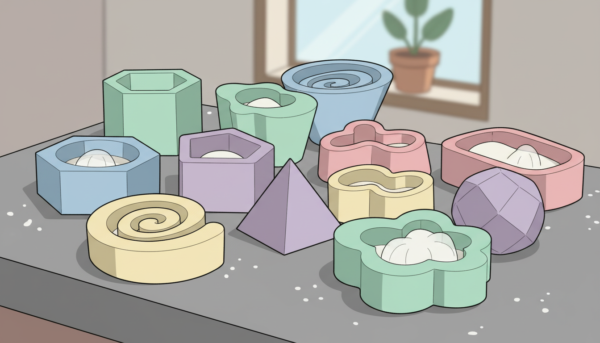 Divers moules silicone de formes géométriques et modernes posés sur un plan de travail gris, aspect souple et résistant.