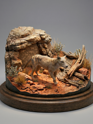 Figurine de Thylacine non peinte en résine vue de trois-quarts face, montrant les détails du pelage et du poitrail.
