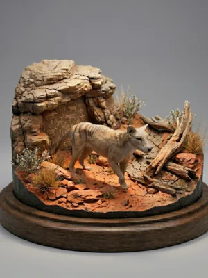figurine-thylacine-resine-face Figurine de Thylacine non peinte en résine vue de trois-quarts face, montrant les détails du pelage et du poitrail.