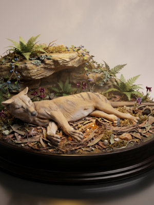 Figurine en résine de Thylacine échelle 1/24 en position couchée.