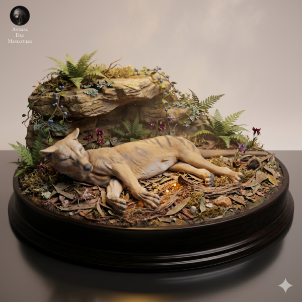 Figurine en résine de Thylacine échelle 1/24 en position couchée.