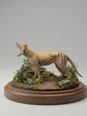 figurine-thylacine-resine-1-24 Figurine Thylacine 1/24 en résine brute montrant un bâillement réaliste.