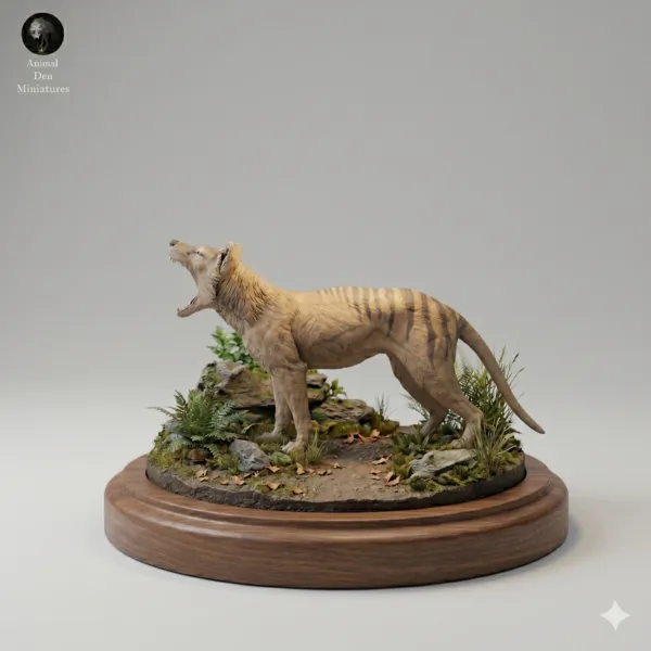 figurine-thylacine-resine-1-24 Figurine Thylacine 1/24 en résine brute montrant un bâillement réaliste.