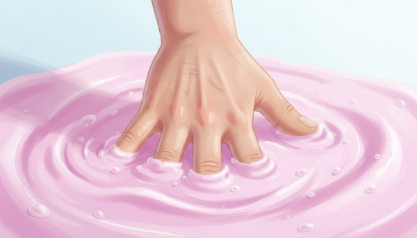 Gros plan artistique sur une main plongée dans un mélange d'alginate rose pastel, texture onctueuse et gélatineuse, détails de peau visibles, ambiance atelier lumineux.