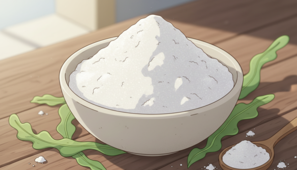 Gros plan sur de la poudre d'alginate blanche dans un bol, texture naturelle et fine, produit à base d'algues, lumière du jour douce.