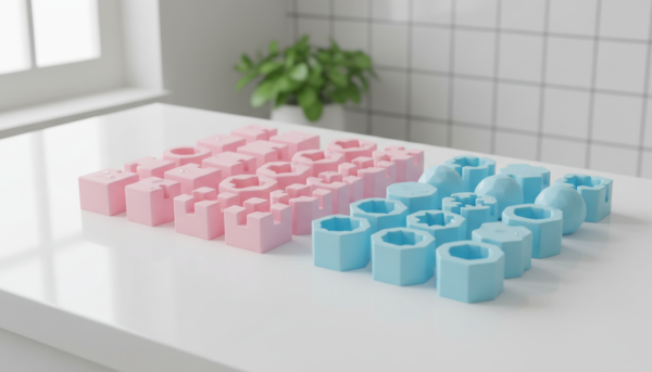 Gros plan sur des moules en silicone rose et bleu de formes géométriques variées, disposés proprement sur un plan de travail blanc, lumière naturelle douce.