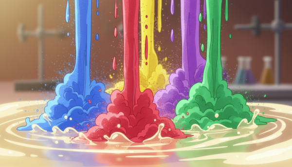 Gros plan sur des pigments colorés en poudre fine versés dans un mélange de résine minérale, couleurs vives et saturées, style photographie macro artistique, éclairage naturel.