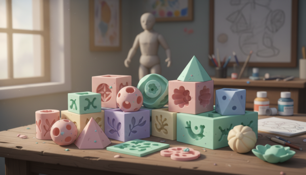 Gros plan sur une collection de moules en silicone de haute qualité aux formes géométriques et organiques, teintes pastel, posés sur un plan de travail d'artiste, éclairage naturel doux.