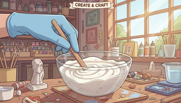 Gros plan sur une main mélangeant doucement de la résine acrylique blanche dans un récipient, texture crémeuse et homogène, environnement d'atelier DIY inspirant.