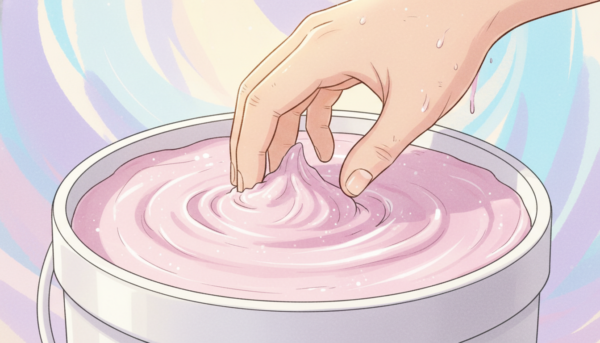 Gros plan sur une main plongeant délicatement dans un seau rempli d'un mélange d'alginate rose pastel, texture onctueuse, focus sur les détails de la peau, ambiance artistique.