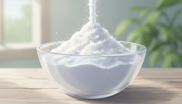 Gros plan sur une poudre d'alginate fine et soyeuse versée dans un bol en verre, texture délicate, lumière naturelle douce.