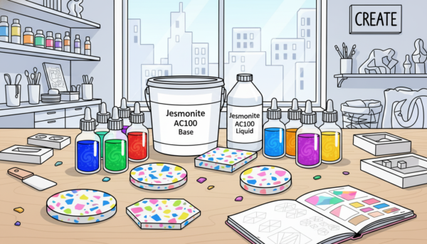 Jesmonite AC100 starter kit with vibrant liquid pigments, modern terrazzo coasters, creative art studio environment, high resolution, trendy design colors.