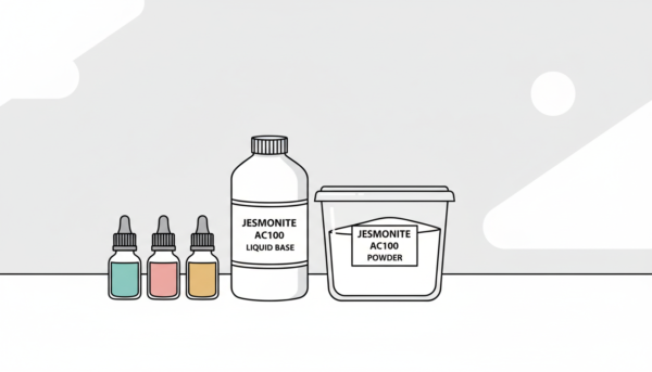 Kit Jesmonite AC100 avec flacons de pigments, base liquide et poudre sur un plan de travail propre, style minimaliste et moderne.