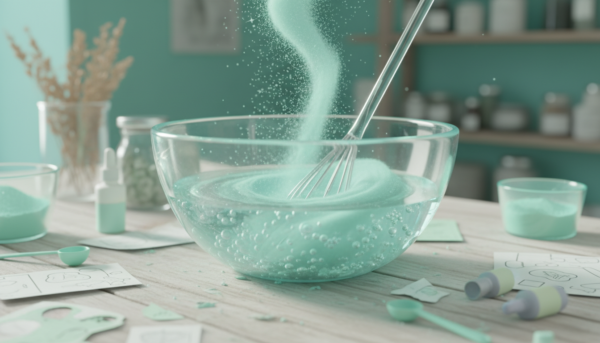 Macro photography of fine seaweed-based alginate powder being mixed in a translucent bowl, soft pastel teal colors, cinematic lighting, professional DIY craft setting.