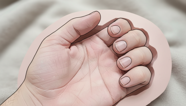 Photo macro de haute qualité montrant un moulage en alginate rose capturant les détails ultra-précis d'une main humaine, texture de peau visible, fond neutre et doux.