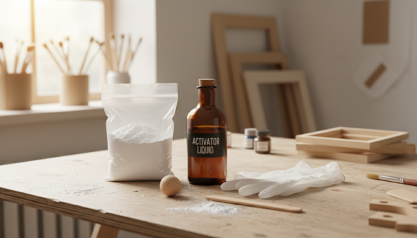 Photo réaliste d'un kit de moulage décoratif complet sur une table en bois clair, comprenant de la poudre blanche, un flacon de liquide activateur, des gants de protection et une spatule mélangeuse, style atelier lumineux et inspirant.