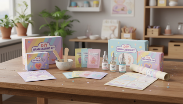 Photographie de haute qualité d'un kit de moulage complet sur une table en bois, incluant des sachets de poudre, des flacons de liquide, des spatules en bois et un emballage coloré, style DIY esthétique.