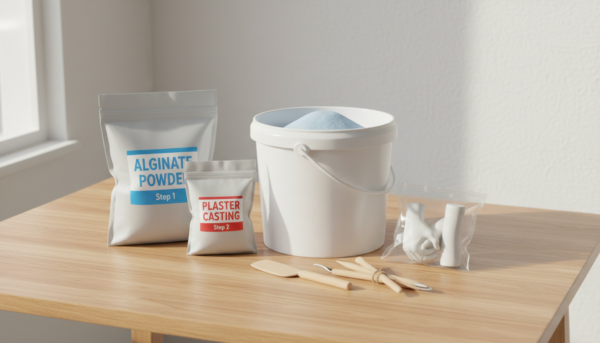 Photographie de style studio d'un kit complet de moulage de mains en plâtre ouvert sur une table en chêne clair, montrant des sachets scellés, un seau blanc et des outils en bois, éclairage doux et naturel.