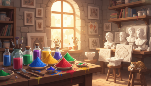 Photographie lumineuse d'un assortiment de pigments en poudre et liquides disposés artistiquement à côté de moulages en plâtre finis, style atelier d'artiste chaleureux.