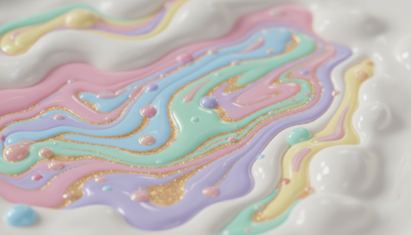 Photographie macro de pigments liquides colorés se mélangeant délicatement dans une préparation de moulage blanche, créant des volutes artistiques pastel et dorées, éclairage de studio doux, haute résolution.