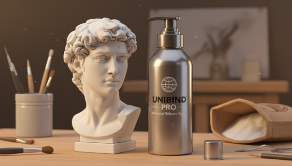 Photographie professionnelle en studio d'un flacon de démoulant universel haut de gamme à côté d'une sculpture en plâtre parfaitement démoulée, éclairage chaleureux d'atelier d'artiste, 4k.