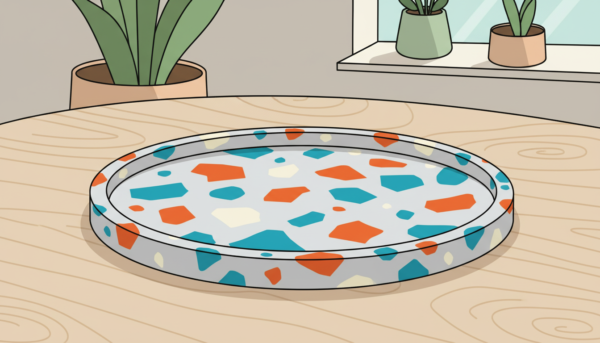 Plateau décoratif moderne en Jesmonite avec un effet terrazzo coloré, éclats de marbre bleu et orange, style contemporain, posé sur une table en bois.