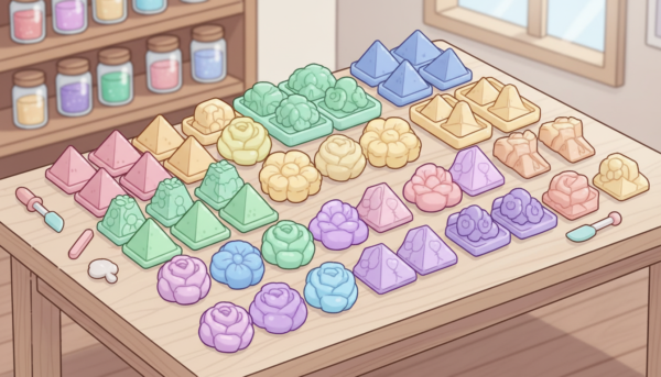 Plusieurs moules en silicone souple de formes géométriques et florales, de couleurs pastel, disposés sur une table d'atelier propre.