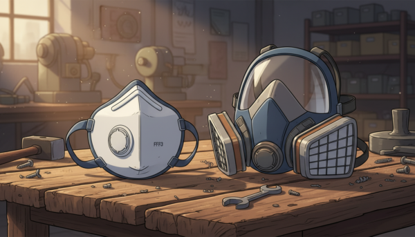 Professional FFP3 mask and industrial cartridge respirator on a wooden workshop table, soft cinematic lighting, high resolution, 4k.