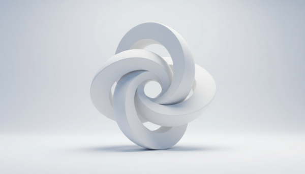 Sculpture abstraite blanche en Aqua Resin avec une finition satinée comme de la porcelaine, éclairage studio doux, détails nets et épurés.