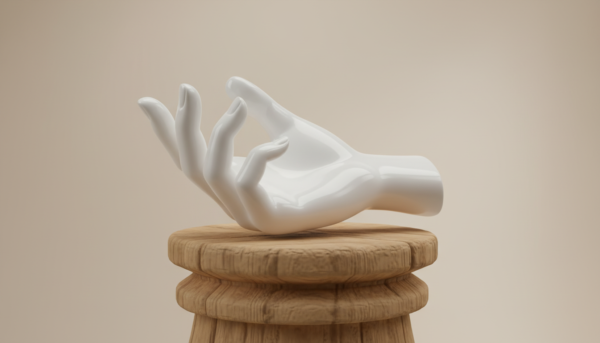 Statue de main en plâtre blanc immaculé sur un socle en bois, rendu lisse comme de la porcelaine, éclairage tamisé de studio photo.