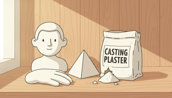 Still life of smooth white plaster sculptures and a bag of casting plaster, minimalist aesthetic, warm wooden background, bright natural morning light.