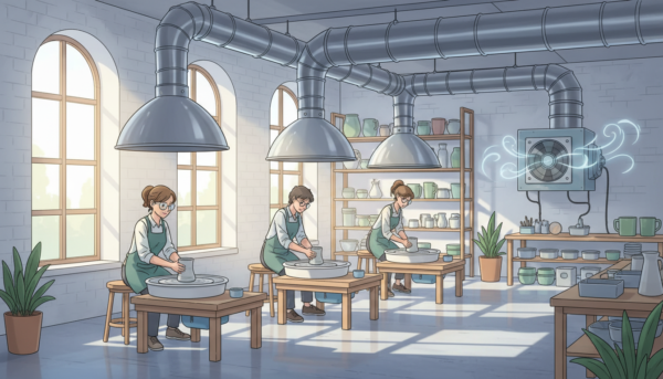 Système de ventilation moderne pour atelier de poterie avec hottes aspirantes industrielles et gaines d'extraction apparentes dans un espace lumineux et propre.
