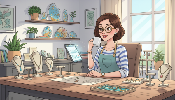 Un artisan créateur français dans un atelier moderne, entouré de bijoux et d'objets en résine époxy, consultant des documents administratifs sur une tablette, ambiance lumineuse et professionnelle.