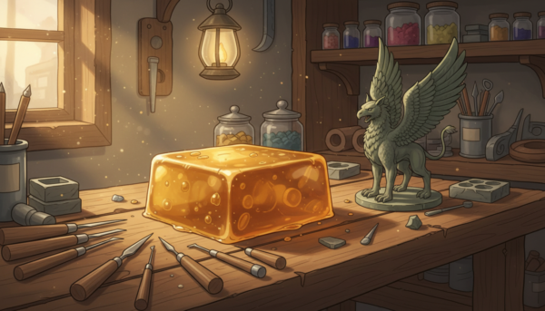 Un bloc de cire de fonderie dure de couleur ambre sur un établi en bois, entouré de mirettes de précision et d'une petite sculpture de personnage aux détails extrêmement fins, atmosphère d'atelier d'artiste chaleureuse, haute définition.