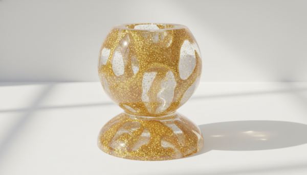 Un bougeoir en résine avec des paillettes dorées scintillantes incrustées, effet de texture brillante, fond minimaliste, photographie de produit haut de gamme.