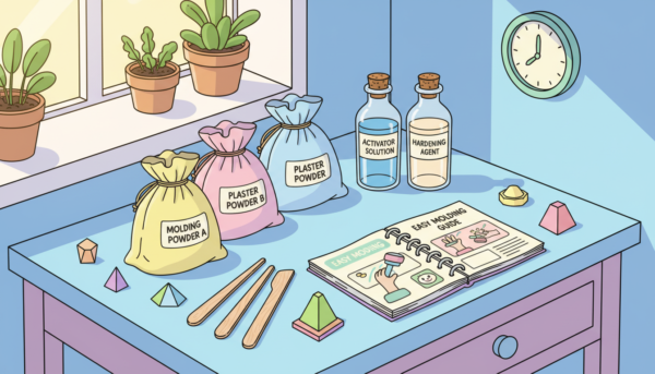 Un coffret complet de moulage décoratif avec des sachets de poudre, des flacons de liquide, des spatules en bois et un livret d'instructions sur un plan de travail lumineux.
