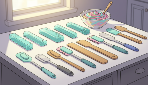 Un ensemble de spatules de mélange professionnelles sur un plan de travail propre, incluant des modèles dentés en plastique et des bâtonnets en bois, éclairage de studio doux et chaleureux.