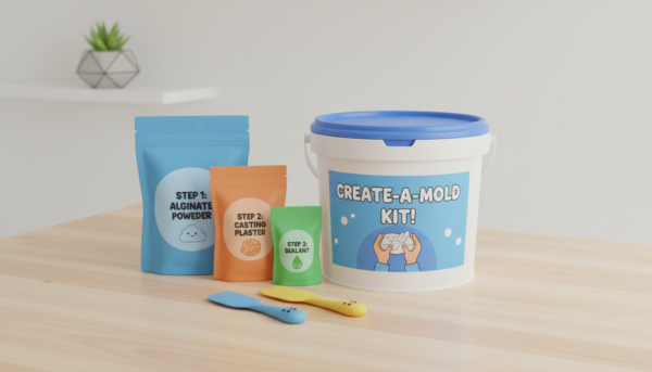 Un kit de moulage complet présenté sur une table en bois clair, comprenant un seau blanc, des sachets de préparation et des spatules, style photographie lumineuse et épurée.