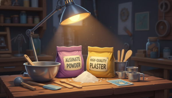 Un kit de moulage professionnel complet sur une table en bois comprenant de la poudre d'alginate, du plâtre de haute qualité et des outils de mélange, éclairage d'atelier créatif lumineux.