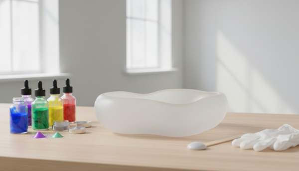 Un moule en silicone de haute qualité pour créer un vide-poche aux formes organiques fluides, posé sur un plan de travail propre avec des pigments colorés à côté, style minimaliste et lumineux, rendu photographique haute définition.