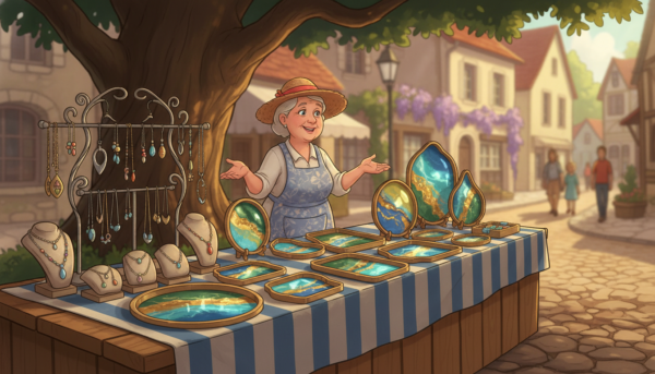 Un stand de marché artisanal en plein air dans un village français, présentant des bijoux et des plateaux en résine époxy brillante, lumière naturelle du soleil, profondeur de champ réduite, ambiance chaleureuse.