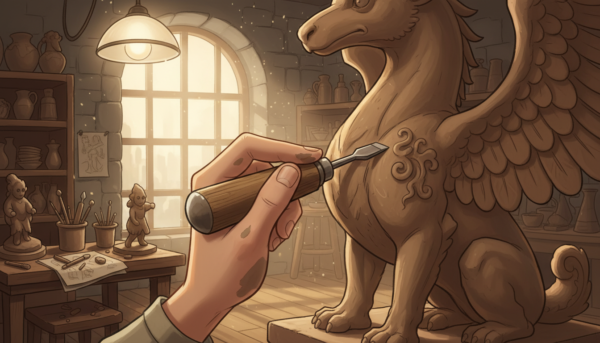 Une main d'artisan utilisant un ébauchoir en bois pour sculpter des détails fins sur une statue en argile, éclairage d'atelier chaleureux et artistique, style réaliste et inspirant.