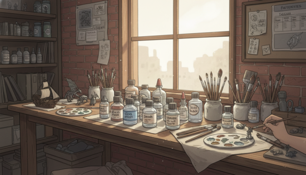 Une photo d'ambiance d'un atelier de moulage montrant des flacons de vernis transparents et des pinceaux posés sur une table en bois rustique.