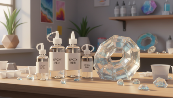 Une photo de studio professionnelle montrant différents flacons de résine époxy transparente à côté d'une création artistique en cristal, éclairage doux et chaleureux, style atelier d'artiste moderne.