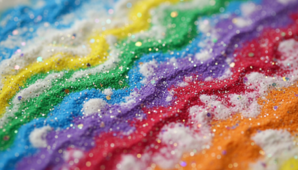 Une photo macro de haute qualité montrant des pigments colorés et des paillettes scintillantes mélangés à une poudre de moulage blanche, étalage artistique de couleurs vives.