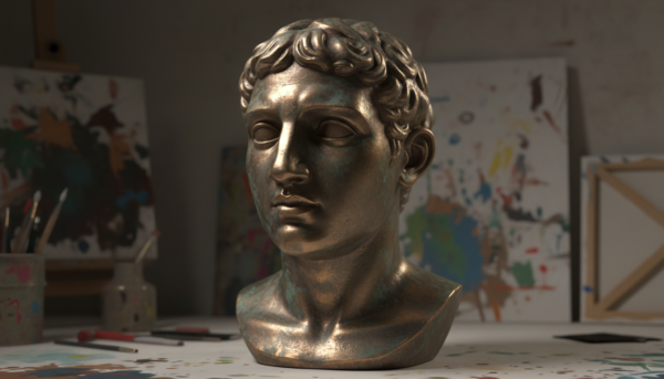Une sculpture de buste classique en plâtre avec une patine métallique bronze réaliste, des reflets dorés et cuivrés, éclairage artistique de studio, détails texturés.