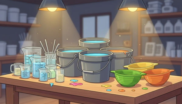 Une sélection de récipients de mélange professionnels pour le moulage, incluant des seaux robustes, des bols en silicone et des béchers gradués transparents disposés sur un établi d'artisan propre, éclairage chaleureux d'atelier.