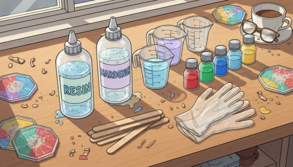 Une vue de dessus d'un kit complet de résine époxy pour moulage décoratif sur un établi en bois clair, incluant des flacons de résine et durcisseur, des gobelets doseurs, des bâtonnets en bois, des pigments colorés et des gants de protection, lumière douce et ambiance atelier créatif chaleureux.
